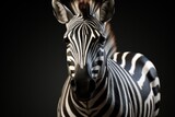  a close up of a zebra's head on a black background with only the zebra's head visible.