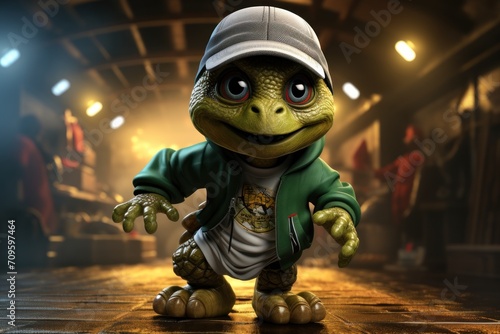  a cartoon turtle dressed in a baseball cap and green jacket, standing on a wooden floor in a dimly lit room. photo