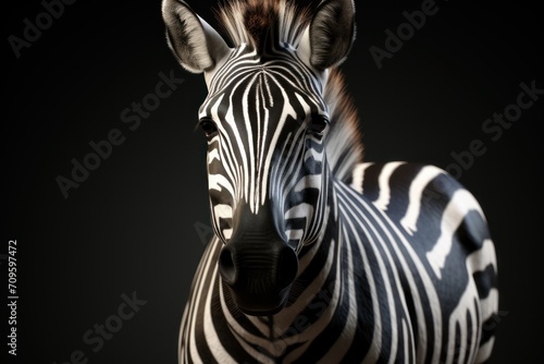  a close up of a zebra s head on a black background with only the zebra s head visible.