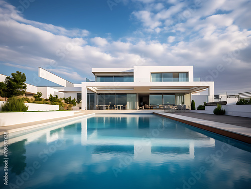 Beautiful modern luxury villa with a large swimming pool in front, and blue sky above. Created with Generative AI. © an