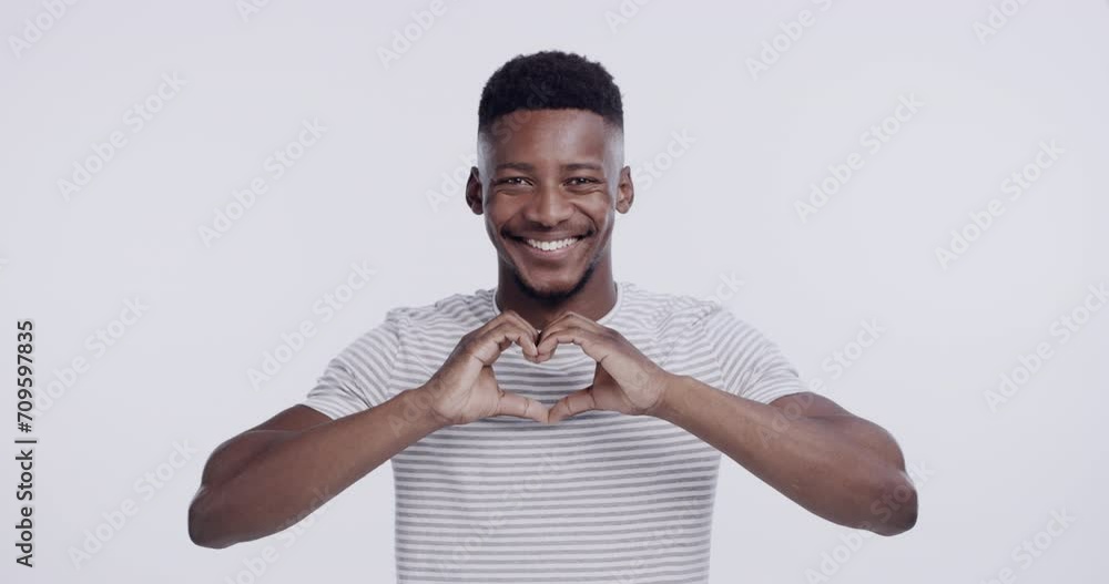 Heart, hands and face of black man on a white background for love, kindess and support in studio. Emoji, happy and portrait of isolated person with hand gesture, symbol and shape for charity or care Heart, hands and face of black man on a white background for love, kindess and support in studio. Emoji, happy and portrait of isolated person with hand gesture, symbol and shape for charity or care