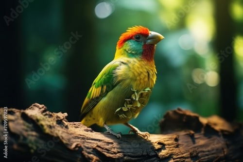  a colorful bird sitting on top of a tree branch in a forest filled with lots of green and red trees. © Nadia
