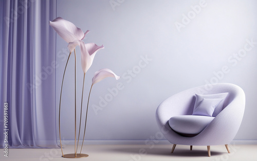 Glass floor lamp in the shape of a lily flower near lavender armchair. Minimalist classic interior design