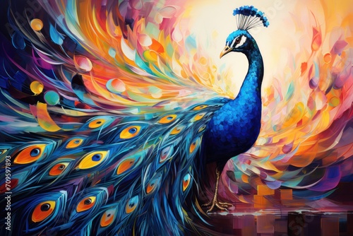  a painting of a peacock with its feathers spread out in front of a cityscape with the sun in the background.