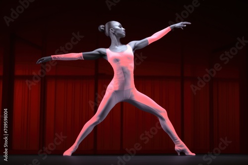  a woman in a white leotard is standing in front of a red curtain with her arms stretched out.