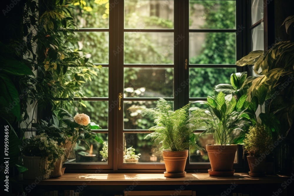  a window sill filled with potted plants next to a window sill with a view of a garden.
