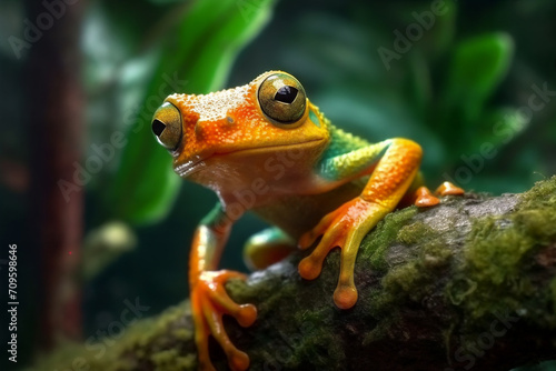 a frog with big eyes sitting on a branch in a forest setting with green leaves and a mossy tree branch, generative ai