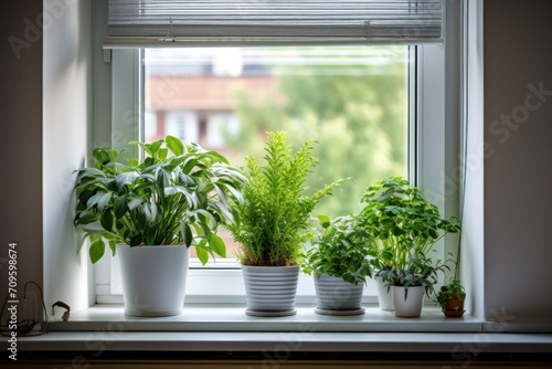  a window sill filled with potted plants on top of a window sill next to a window sill.