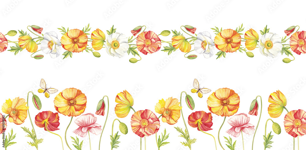 Watercolor colorful poppies clipart. Set with poppy borders isolated on transparent background. Hand painting illustration for interior decoration, textile printing, invitation and greeting cards