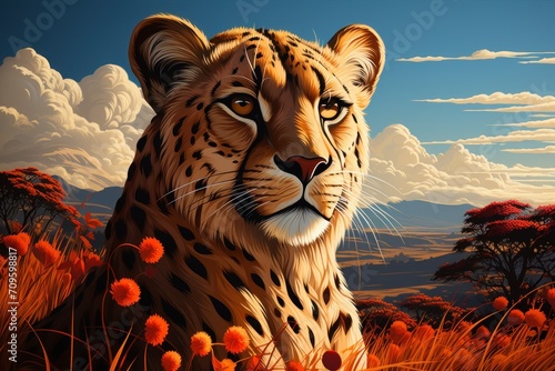 a painting of a cheetah in a field of wildflowers with a blue sky in the background.