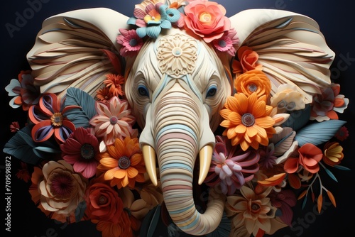 a close up of an elephant's head with flowers on it's head and it's trunk.