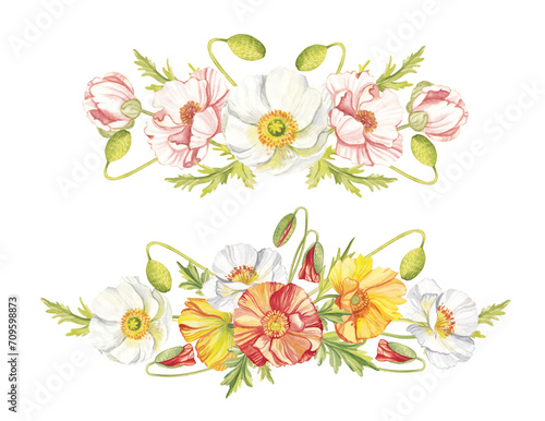 Watercolor colorful poppies clipart. Set with poppy borders isolated on transparent background. Hand painting illustration for interior decoration, textile printing, invitation and greeting cards