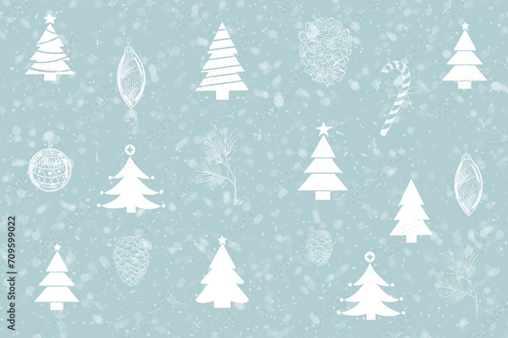 Weihnachtlicher Hintergrund mit verschiedenen Weihnachtsbäumen und Weihnachtsschmuck