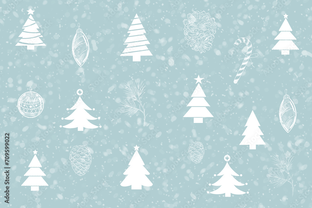 Weihnachtlicher Hintergrund mit verschiedenen Weihnachtsbäumen und Weihnachtsschmuck Weihnachtlicher Hintergrund mit verschiedenen Weihnachtsbäumen und Weihnachtsschmuck