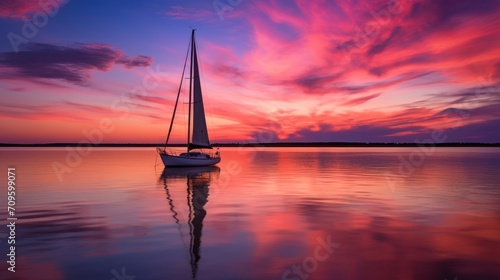  a sailboat floating on top of a body of water under a pink and blue sky with clouds in the background. photo