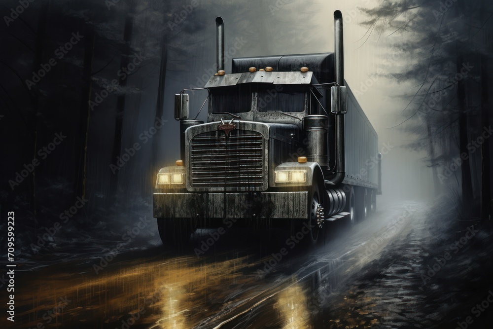  a painting of a semi truck driving through a dark, foggy forest with a full moon in the background.