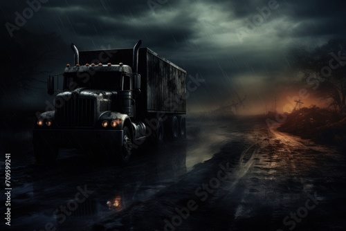  a semi truck driving down a wet road under a dark sky with a cross on the other side of the road.