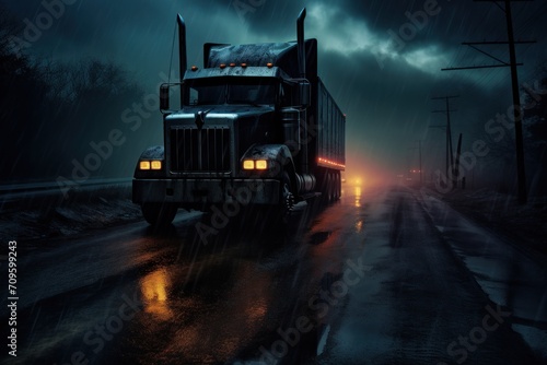  a large semi truck driving down a rain soaked road in the middle of the night with headlights on the side of the truck.