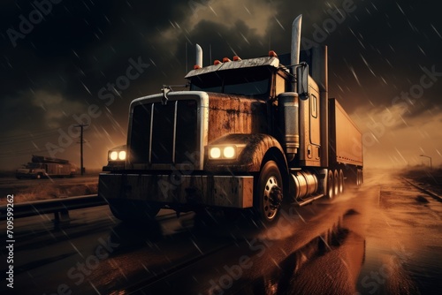  a large semi truck driving down a road in the middle of a dark sky with rain coming down on it.