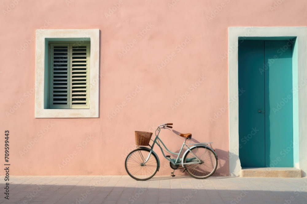  a bicycle parked in front of a pink building with a blue door and window on the side of the building.