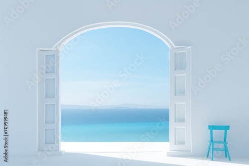  a white room with an open door and a blue chair in front of a large open window with a view of the ocean.