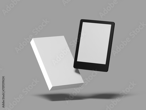 Bilde på lerret White Blank Book Cover Mockup with E-Book Reader 3D Realistic