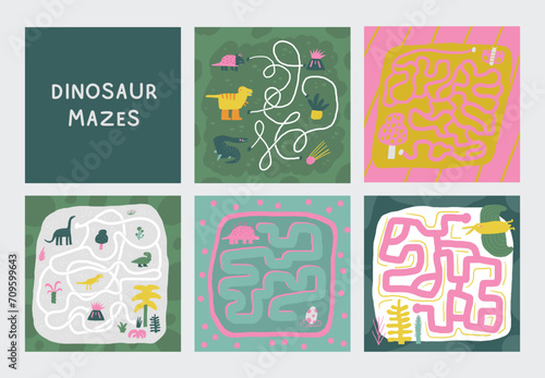 Cute dinosaur doodle mazes set with dinos, plants. Jurassic era puzzle for kids, children. Funny cartoon style labyrinth with adorable characters