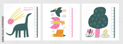 Dinosaur kid height measurement, centimeter, chart with dino, comet meteorite