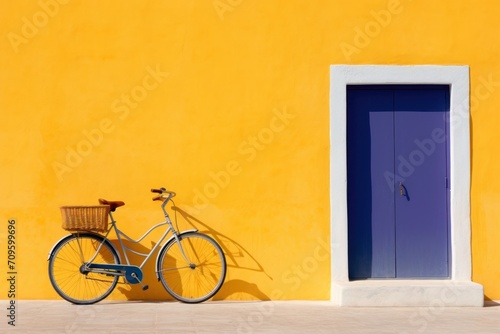 a bike parked in front of a yellow wall with a blue door and a blue bench in front of it.