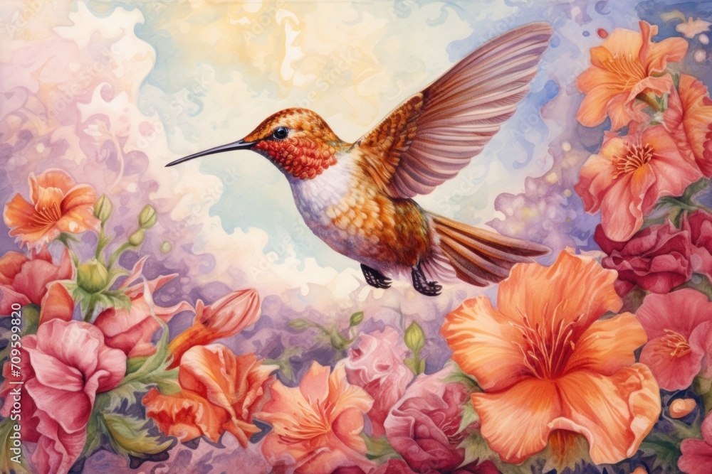  a painting of a hummingbird sitting on a flowery branch with pink and orange flowers in the foreground.