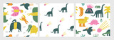 Cute dinosaur theme seamless patterns set. Funny hand drawn doodle repeatable pattern with volcano, dinos, trees, meteorite, diplodocus, stegosaurus, pterodactyl, plants. Jurassic period, era backgrou
