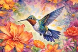  a painting of a hummingbird in flight surrounded by colorful flowers and flowers on a multicolored background with yellow, orange, pink, purple, and red flowers.