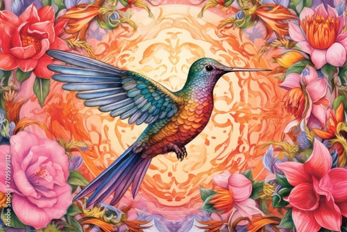  a painting of a hummingbird flying in front of a sun surrounded by pink flowers and pink and red flowers.