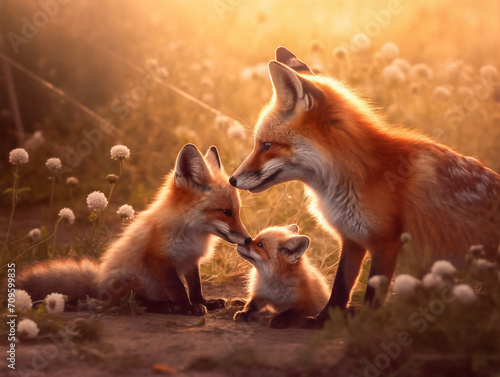 a fox and her cubs are sitting in the grass and flowers at sunset, with the sun shining on the ground, generative ai