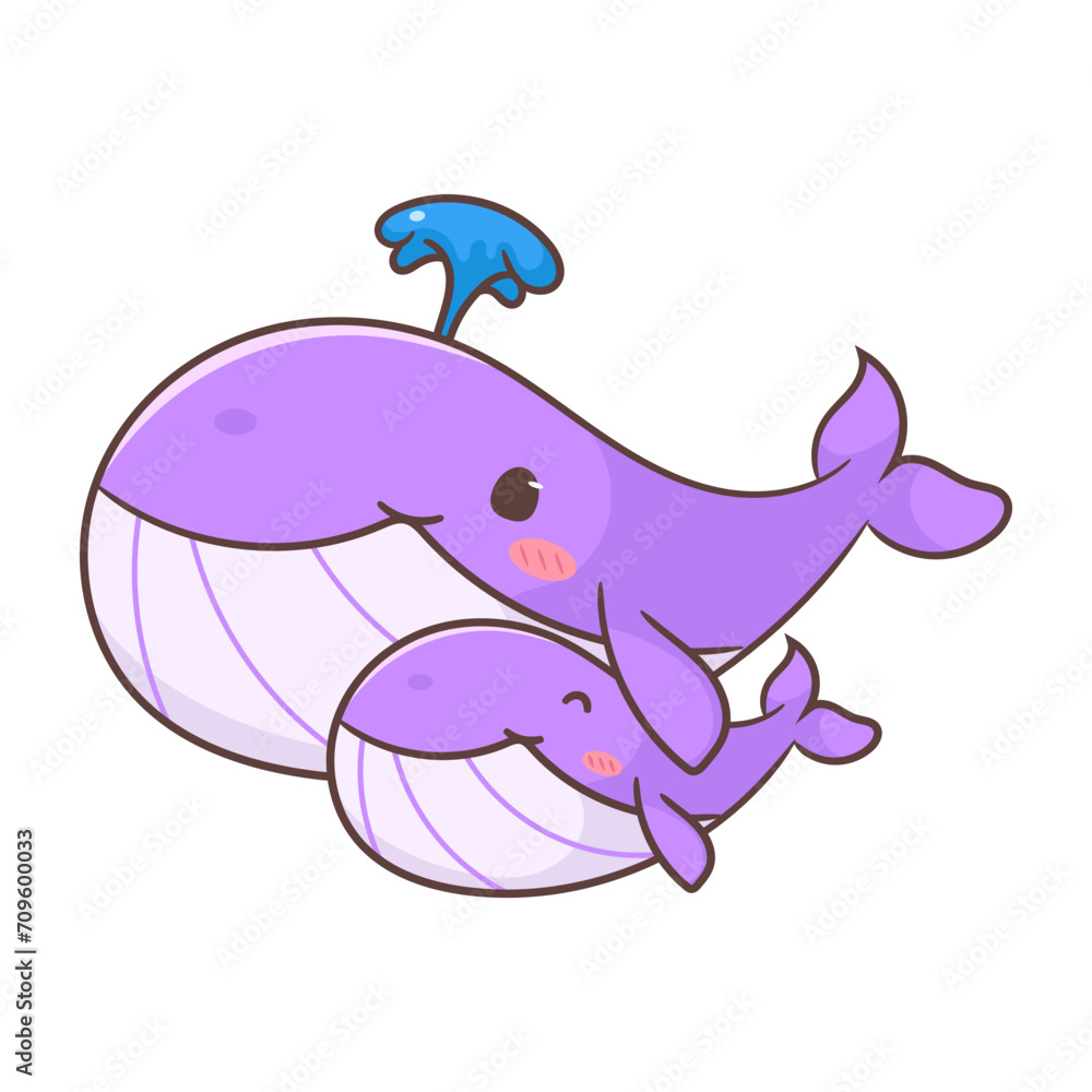 Cute purple whale mom and baby cartoon vector illustration. Adorable ...