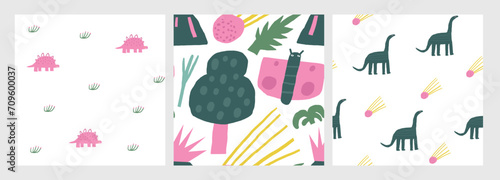 Cute dinosaur theme seamless patterns set. Funny hand drawn doodle repeatable pattern with volcano, dinos, trees, meteorite, diplodocus, stegosaurus, pterodactyl, plants. Jurassic period, era backgrou
