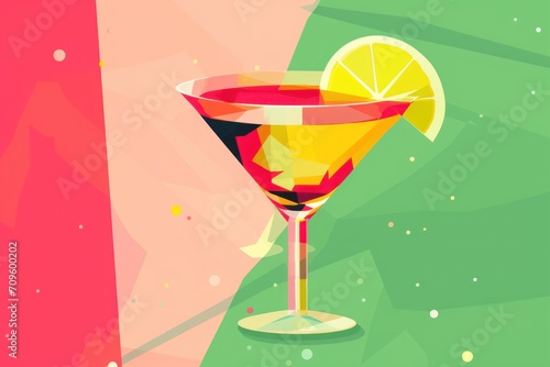  a painting of a martini glass with a slice of lemon on the rim and a pink and green wall behind it.