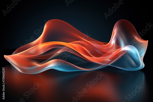  a red and blue wave of smoke on a black background with a reflection of light on the bottom of the wave.