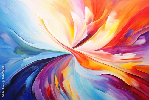  a painting of a multicolored swirl on a blue, yellow, red, and white background with a white center.