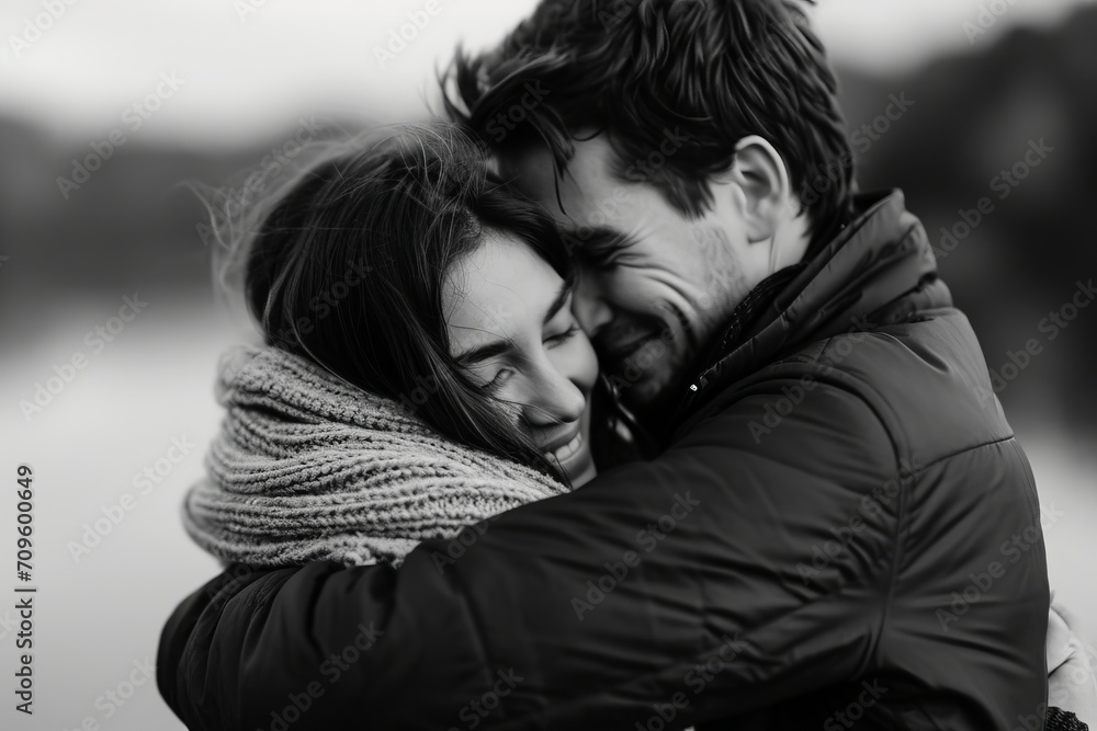 Black and white image of a happy couple embracing and smiling outdoors.