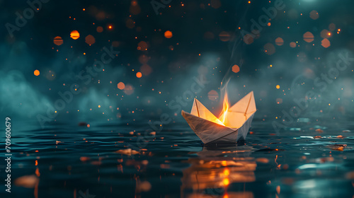 Ablaze paper ship on a lake at night view