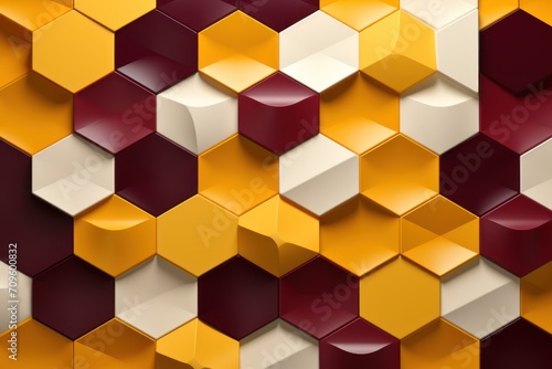  a bunch of cubes that are in the shape of a hexagonal pattern with red  yellow  and white colors.