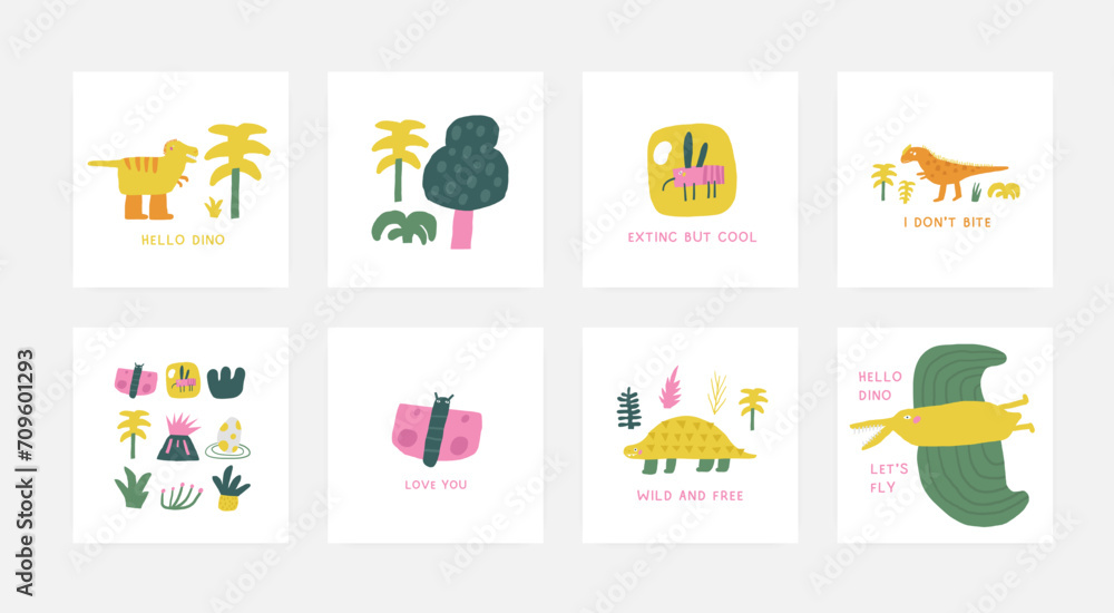 Dino postcards set with cute hand drawn doodle dinosaur, plants, palm, tree, pterodactyl. Jurassic era cover, template, banner, poster, print. Extinctic animals backgrounds