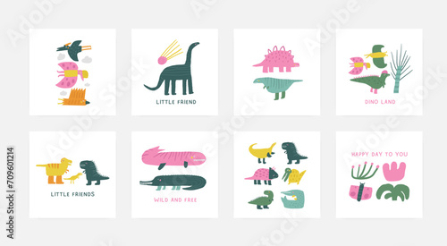 Dino postcards set with cute hand drawn doodle dinosaur, plants, palm, diplodocus, pterodactyl. Jurassic era cover, template, banner, poster, print. Extinctic animals backgrounds
