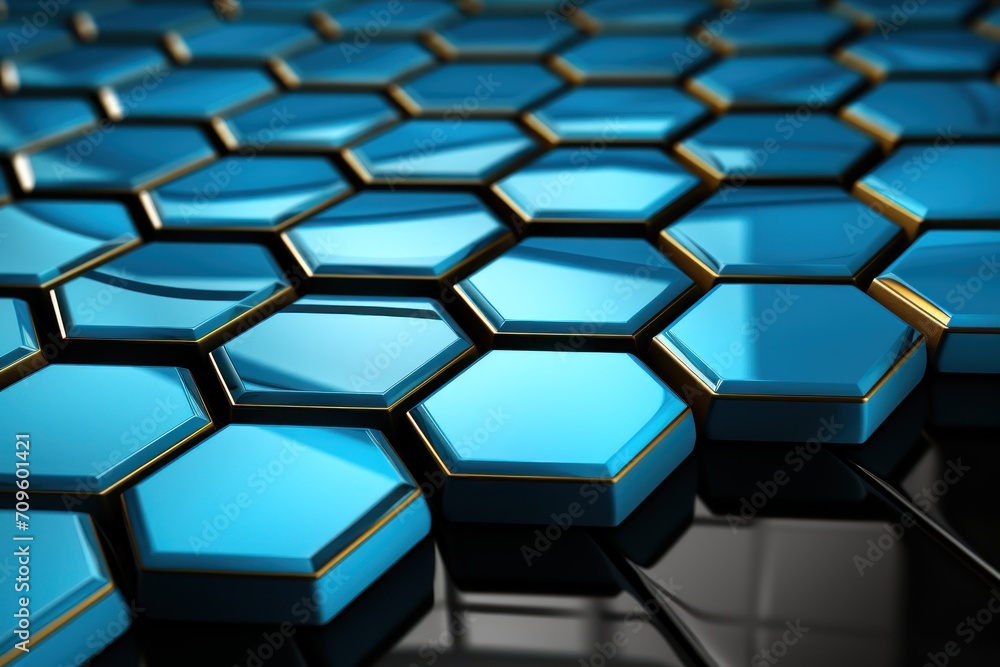 a close up view of a blue and gold hexagonal tile pattern with a black background and gold accents. a close up view of a blue and gold hexagonal tile pattern with a black background and gold accents.