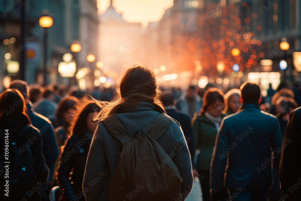 Back view of girl with rucksack standing on the street with a crowd of pedestrians on rush hours.