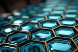  a close up view of a blue and gold hexagonal tile pattern on a table in a restaurant or bar.