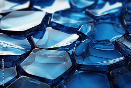  a close up of a bunch of blue glass hexagonals that look like hexagonal cubes.