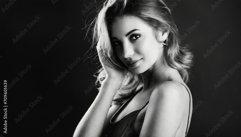 Black and white closeup of a beautiful young woman looking straight ahead Black and white closeup of a beautiful young woman looking straight ahead