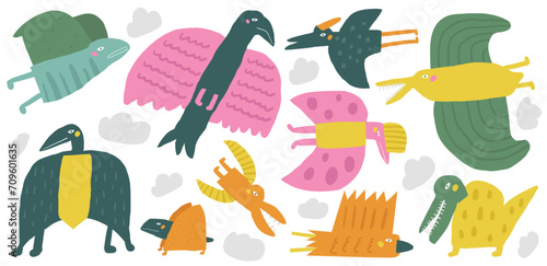 Flying Dinosaurs set. Cute hand drawn doodle sky dinos collection, Pterodactylus, pterodactyl, bird, bat. Jurassic era animals for kids